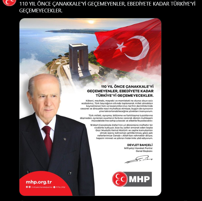 Bahçeli’den Çanakkale Zaferi Mesajı